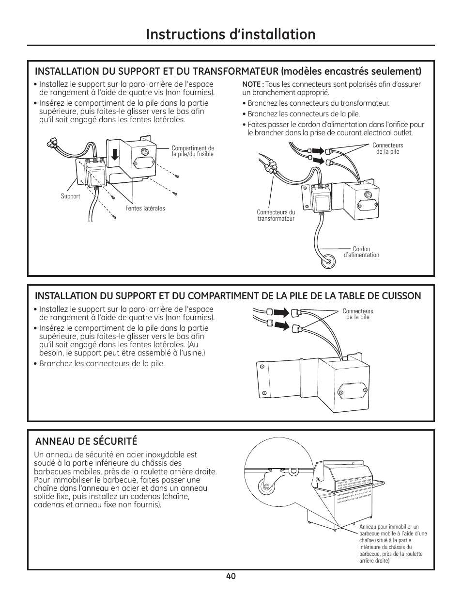 Raccordements électriques, Instructions d’installation, Anneau de sécurité | GE ZGU122N User Manual | Page 40 / 68