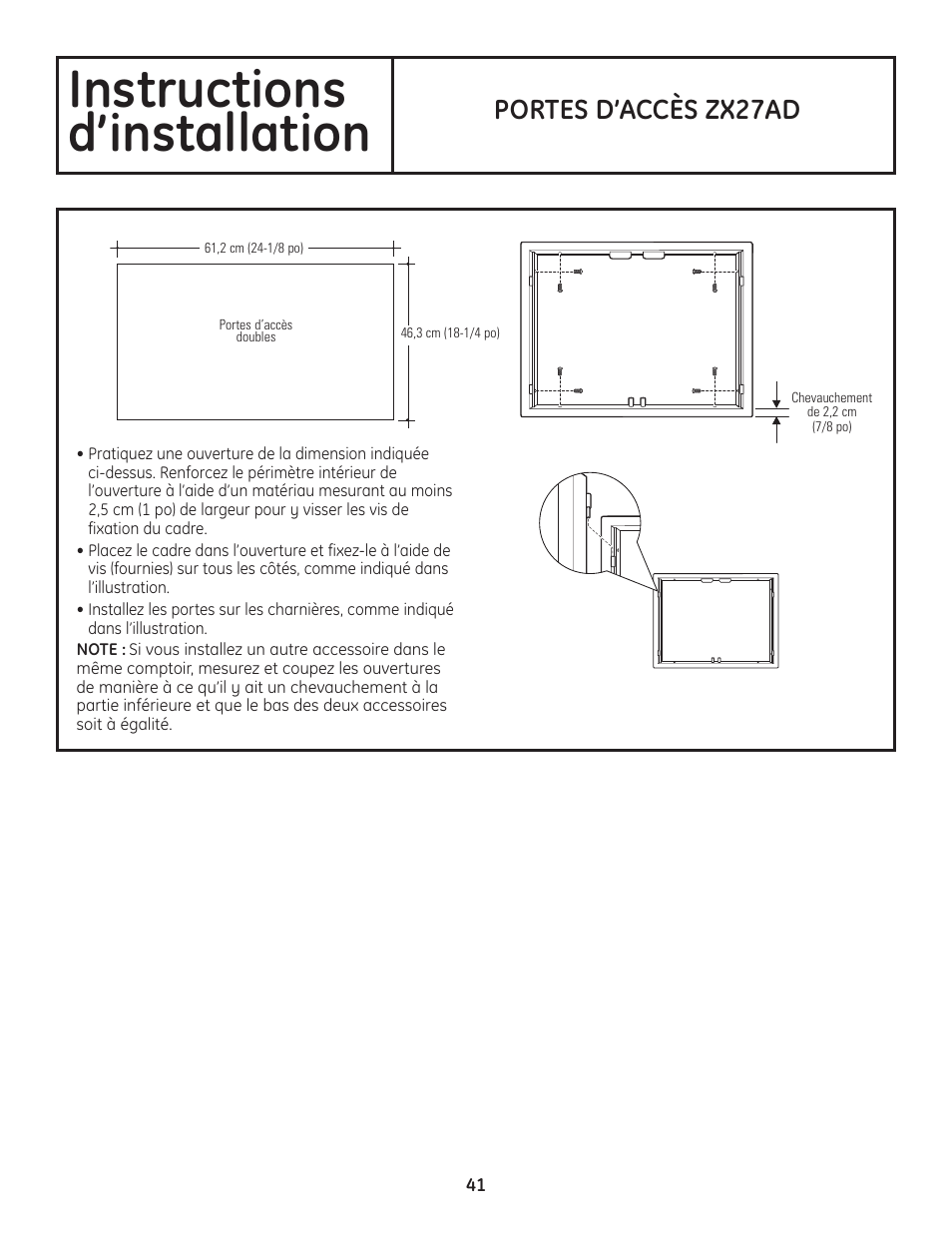 Instructions d’installation, Portes d’accès zx27ad | GE ZGU122N User Manual | Page 41 / 68