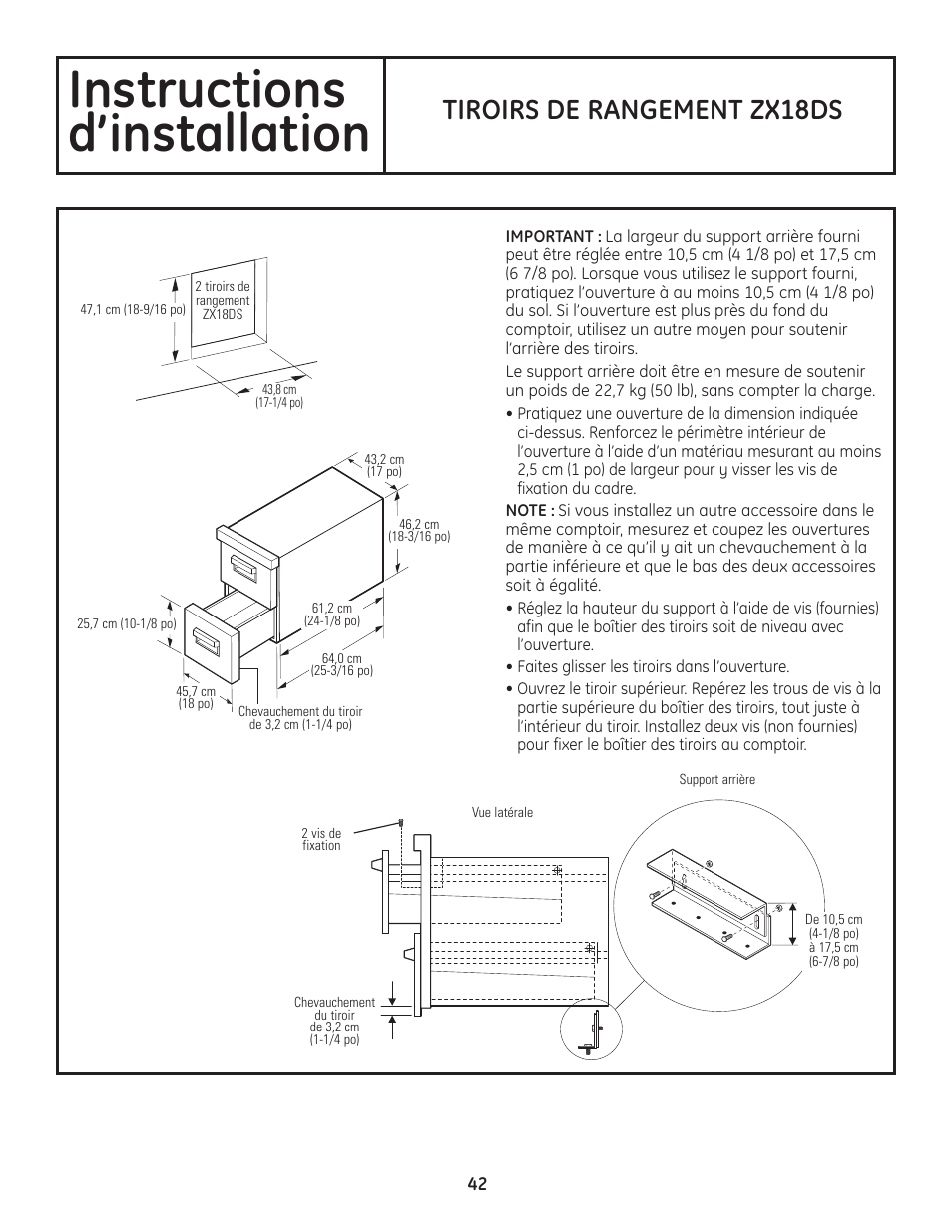 Instructions d’installation, Tiroirs de rangement zx18ds | GE ZGU122N User Manual | Page 42 / 68