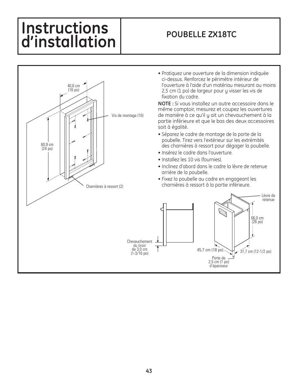 Instructions d’installation, Poubelle zx18tc | GE ZGU122N User Manual | Page 43 / 68