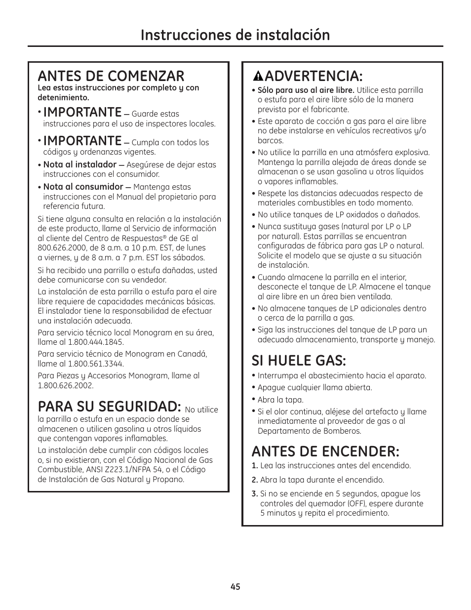 Instrucciones de instalación antes de comenzar, Para su seguridad, Advertencia | Si huele gas, Antes de encender, Importante | GE ZGU122N User Manual | Page 45 / 68