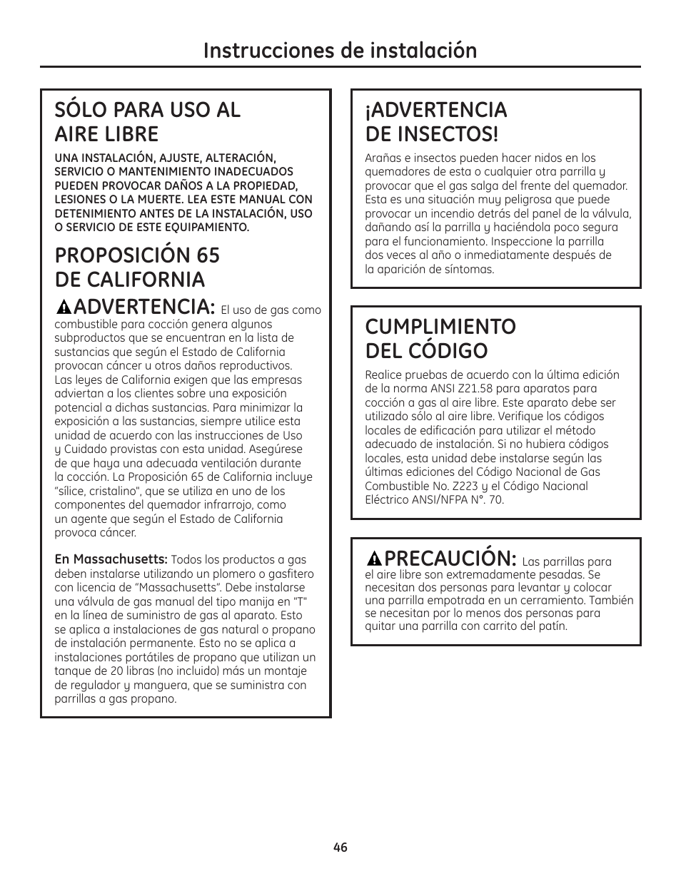 Proposición 65 de california advertencia, Advertencia de insectos, Precaución | Cumplimiento del código | GE ZGU122N User Manual | Page 46 / 68