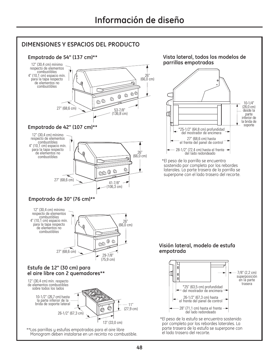 Dimensiones y espacios del producto, Dimensiones y espacios del producto –50, Información de diseño | GE ZGU122N User Manual | Page 48 / 68