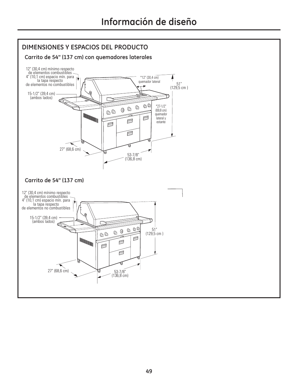 Información de diseño, Dimensiones y espacios del producto | GE ZGU122N User Manual | Page 49 / 68