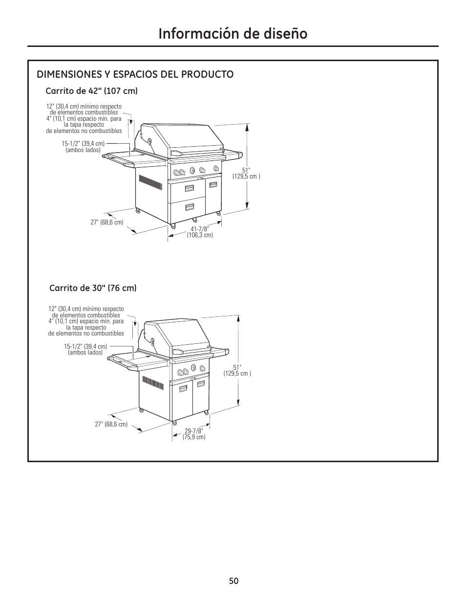 Información de diseño, Dimensiones y espacios del producto | GE ZGU122N User Manual | Page 50 / 68