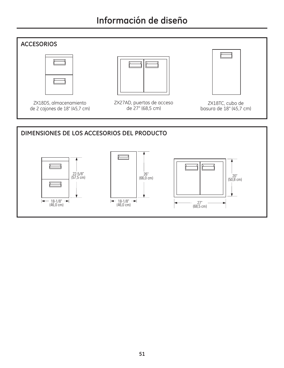 Accesorios, Dimensiones de los accesorios del producto, Información de diseño | GE ZGU122N User Manual | Page 51 / 68
