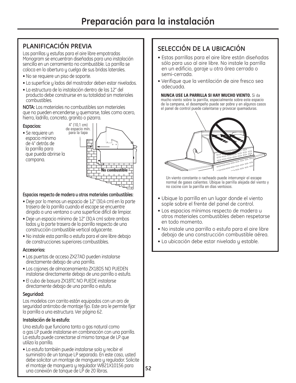 Planificación previa, Selección de la ubicación, Planificación previa selección de la ubicación | Preparación para la instalación | GE ZGU122N User Manual | Page 52 / 68