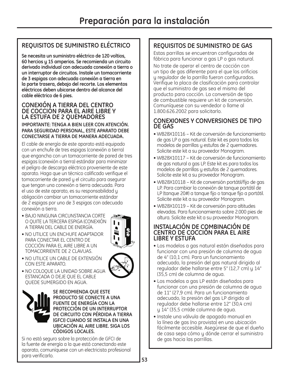 Requisitos de suministro eléctrico, Requisitos de suministro de gas, Preparación para la instalación | GE ZGU122N User Manual | Page 53 / 68