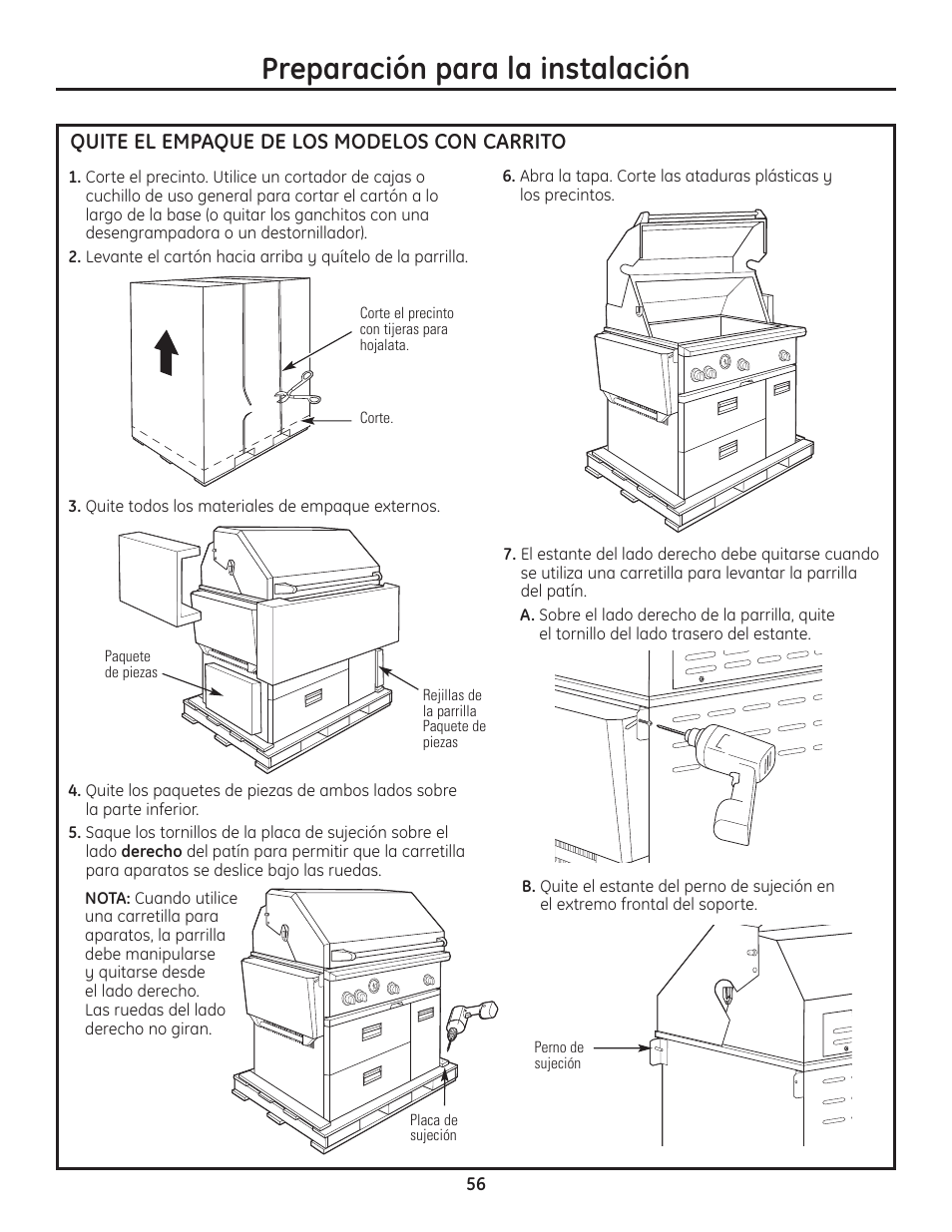 Quite el empaque de los modelos con carrito, Quite el empaque de los modelos con carrito , 57, Preparación para la instalación | GE ZGU122N User Manual | Page 56 / 68