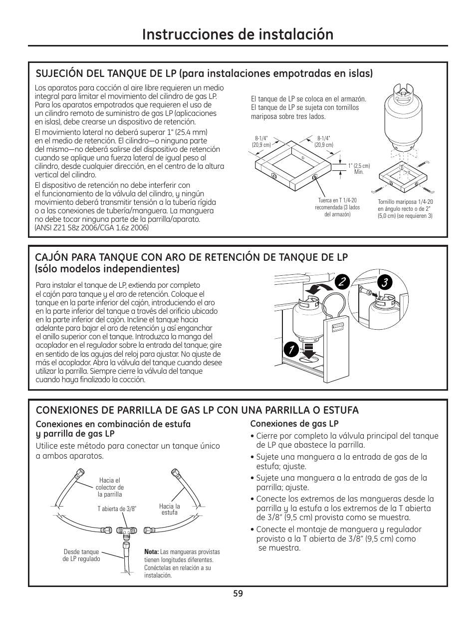 Sujecion del tanque de lp, Conexiones de la parrilla y estufa con gas lp, Instrucciones de instalación | GE ZGU122N User Manual | Page 59 / 68