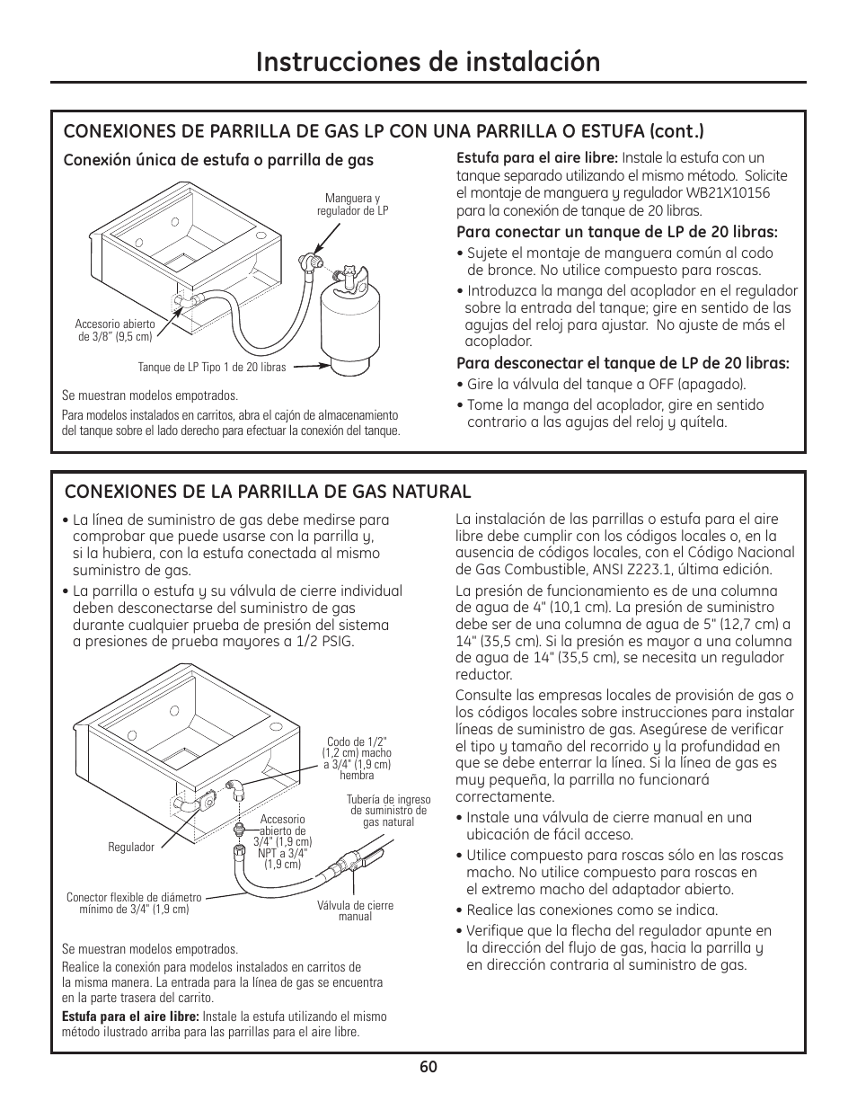 Conexiones de la parrilla con gas natural, Instrucciones de instalación, Conexiones de la parrilla de gas natural | GE ZGU122N User Manual | Page 60 / 68