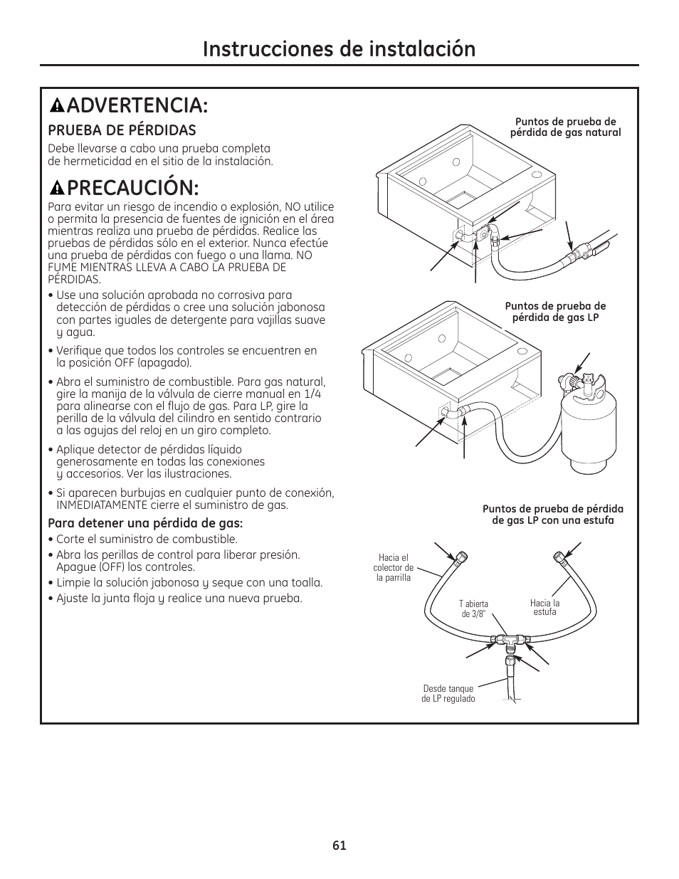 Prueba de pérdidas, Instrucciones de instalación, Advertencia | Precaución | GE ZGU122N User Manual | Page 61 / 68