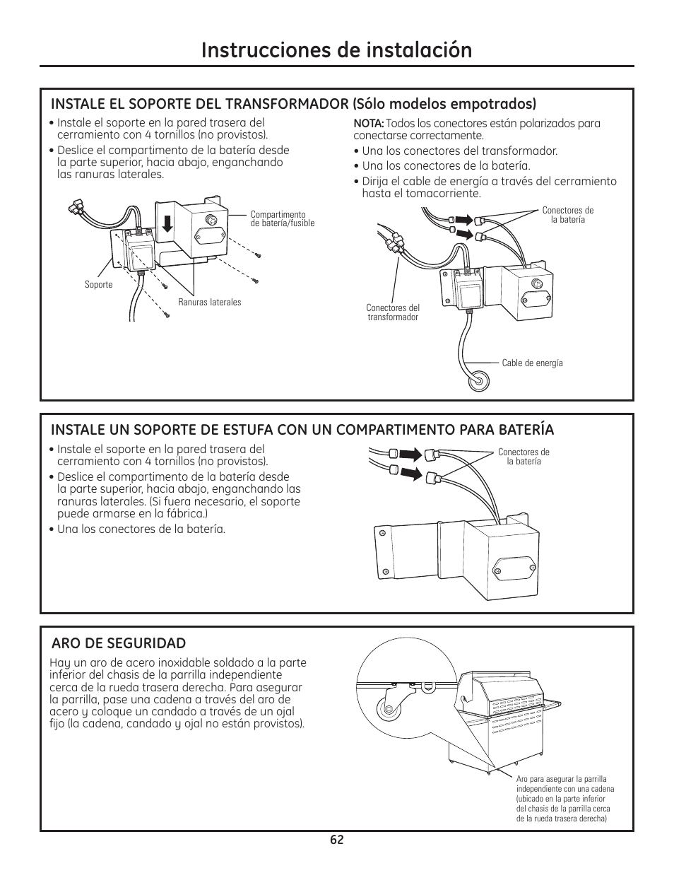 Realice las conexiones eléctricas, Instrucciones de instalación, Aro de seguridad | GE ZGU122N User Manual | Page 62 / 68