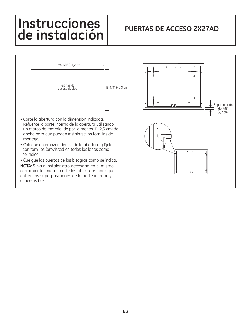 Instrucciones de instalación, Puertas de acceso zx27ad | GE ZGU122N User Manual | Page 63 / 68