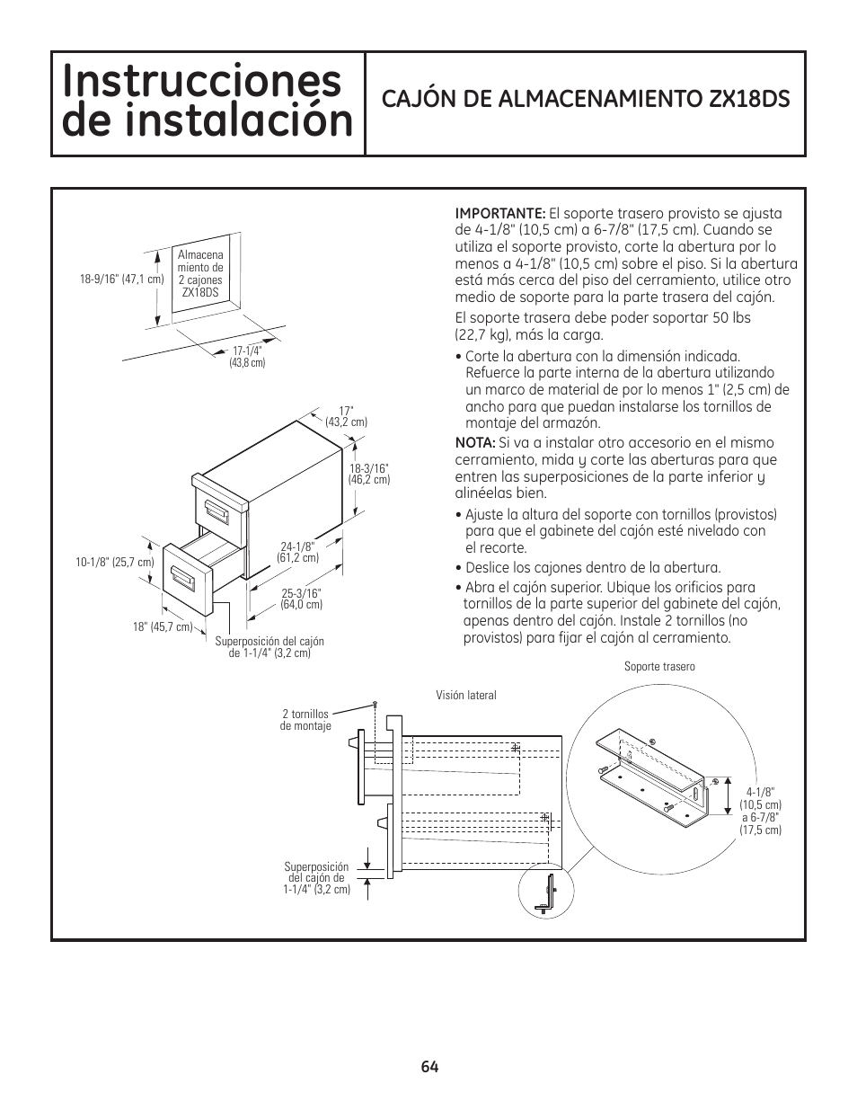 Instrucciones de instalación, Cajón de almacenamiento zx18ds | GE ZGU122N User Manual | Page 64 / 68