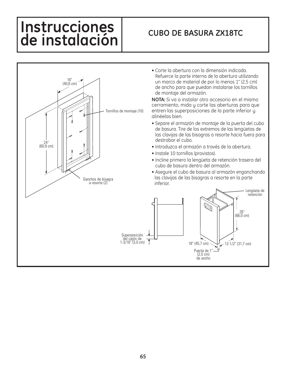 Instrucciones de instalación, Cubo de basura zx18tc | GE ZGU122N User Manual | Page 65 / 68