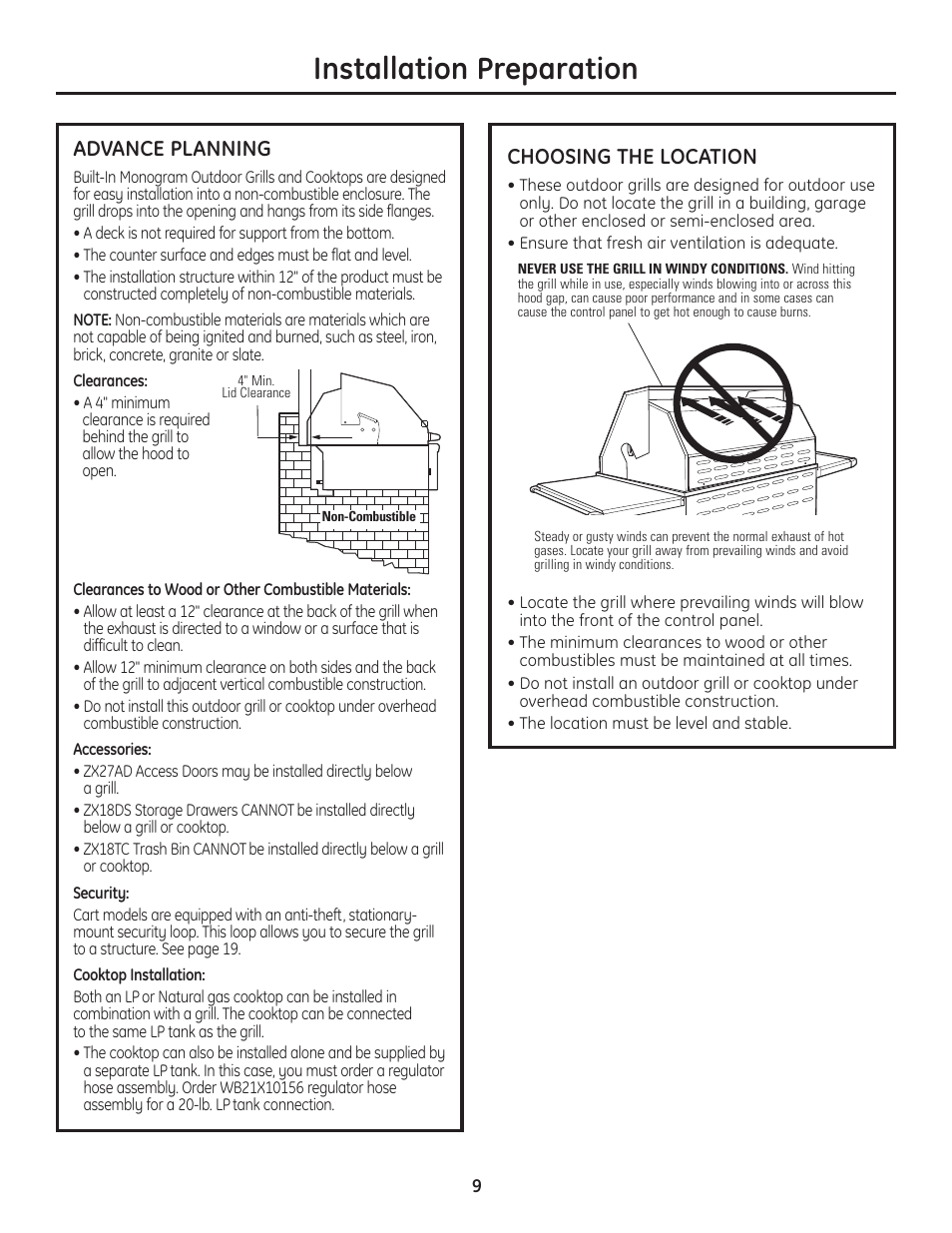Advance planning, Choosing the location, Advance planning choosing the location | Installation preparation | GE ZGU122N User Manual | Page 9 / 68