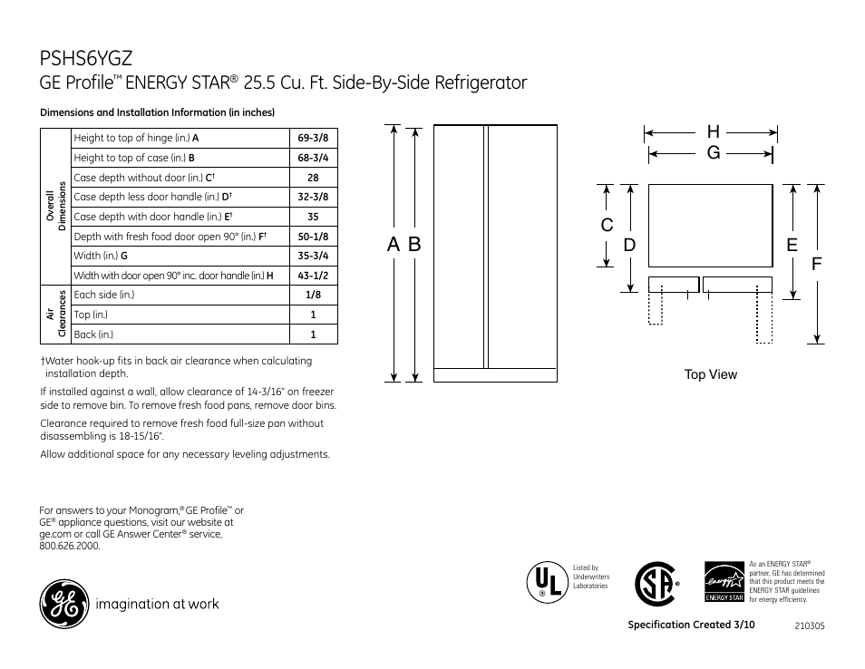 GE Energy Star PSHS6YGZSS User Manual | 2 pages