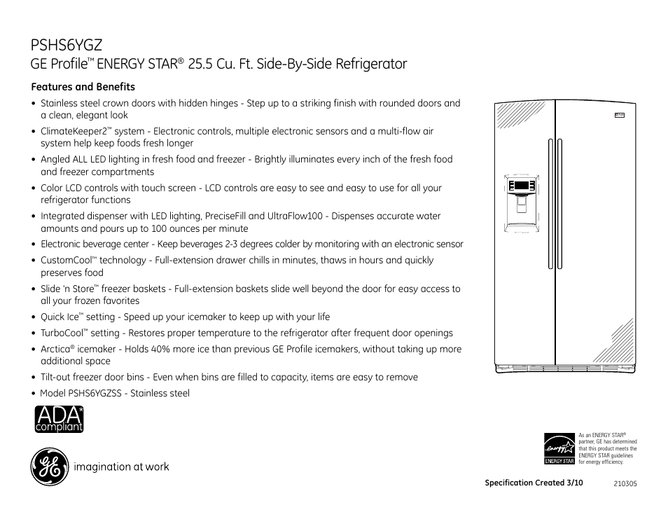 Pshs6ygz, Ge profile, Energy star | 5 cu. ft. side-by-side refrigerator | GE Energy Star PSHS6YGZSS User Manual | Page 2 / 2