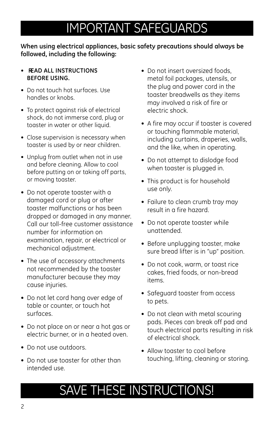 Important safeguards, Save these instructions | GE 681131691369 User Manual | Page 2 / 10