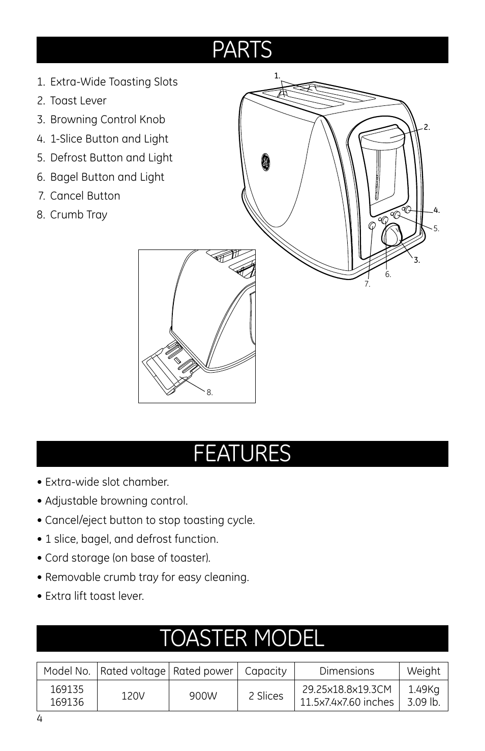 Parts, Features, Toaster model | GE 681131691369 User Manual | Page 4 / 10