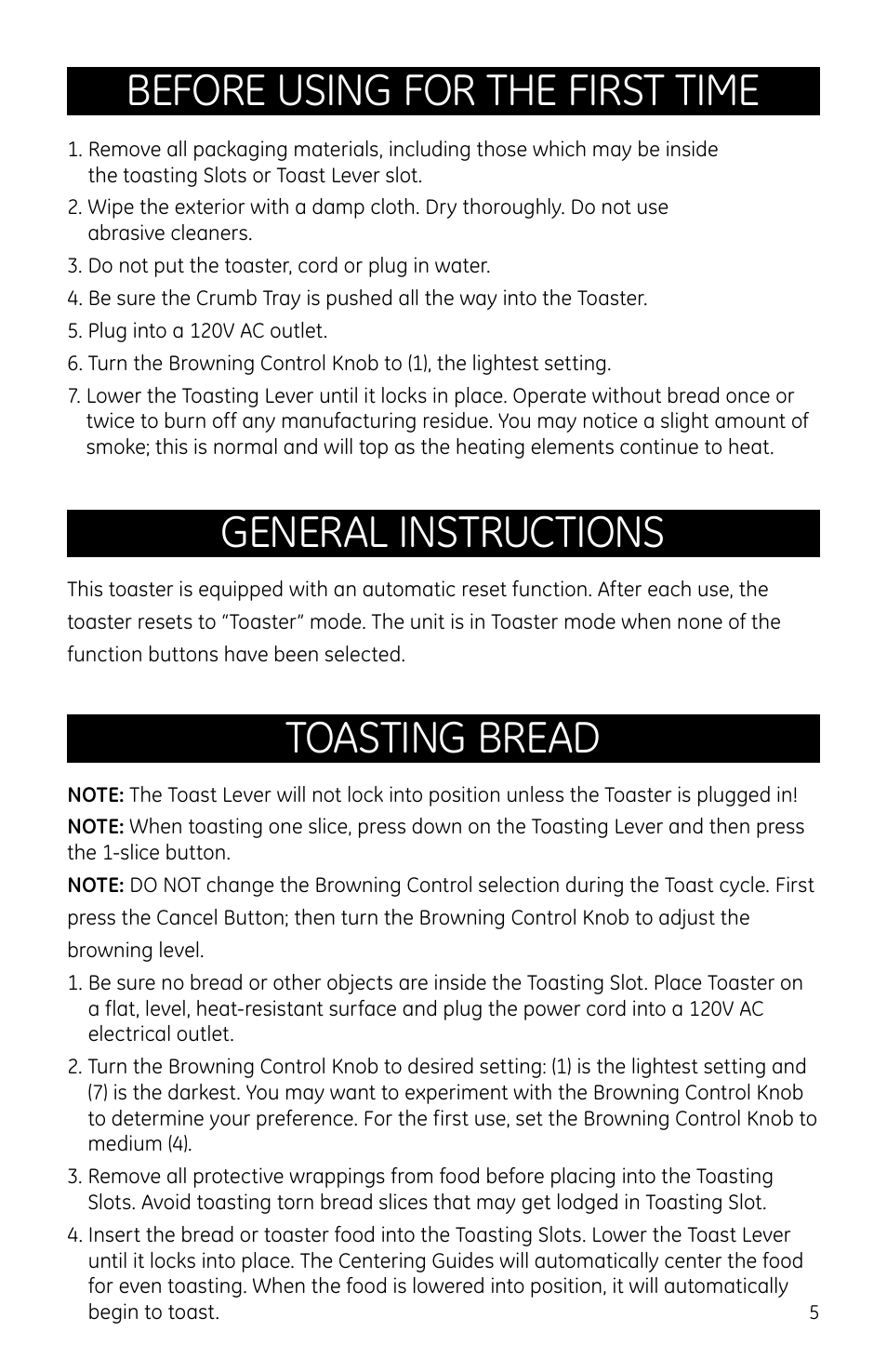 Before using for the first time, General instructions, Toasting bread | GE 681131691369 User Manual | Page 5 / 10