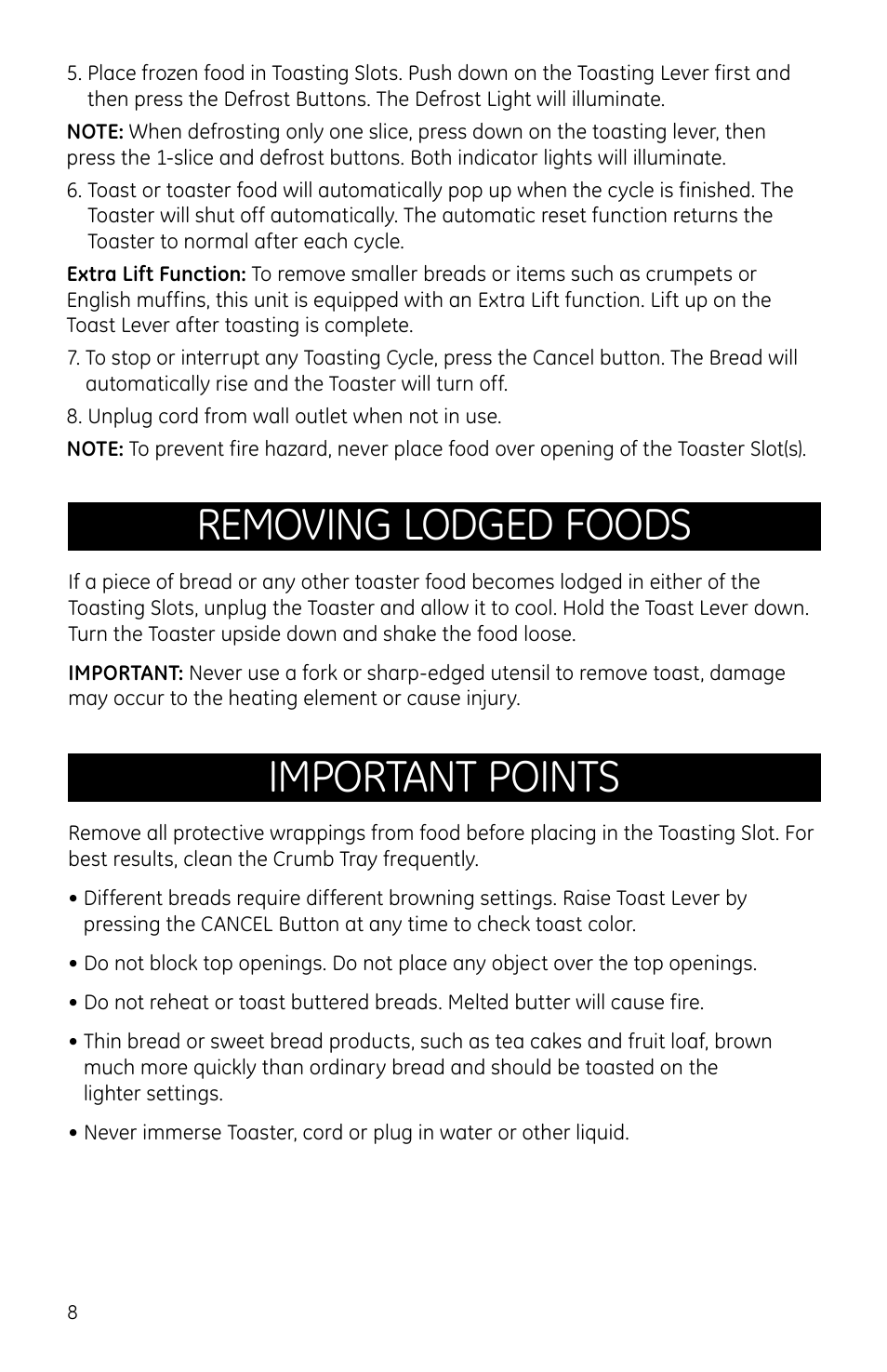 Removing lodged foods, Important points | GE 681131691369 User Manual | Page 8 / 10