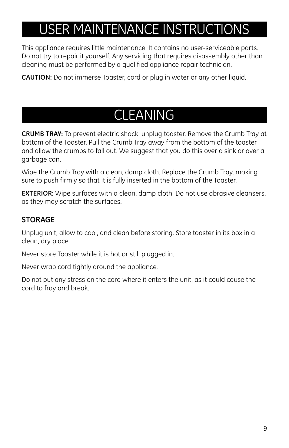 User maintenance instructions, Cleaning | GE 681131691369 User Manual | Page 9 / 10