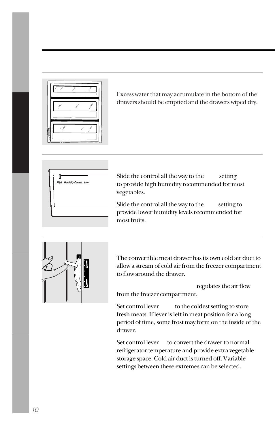 About the storage drawers and bins | GE 162D3941P005 User Manual | Page 10 / 112