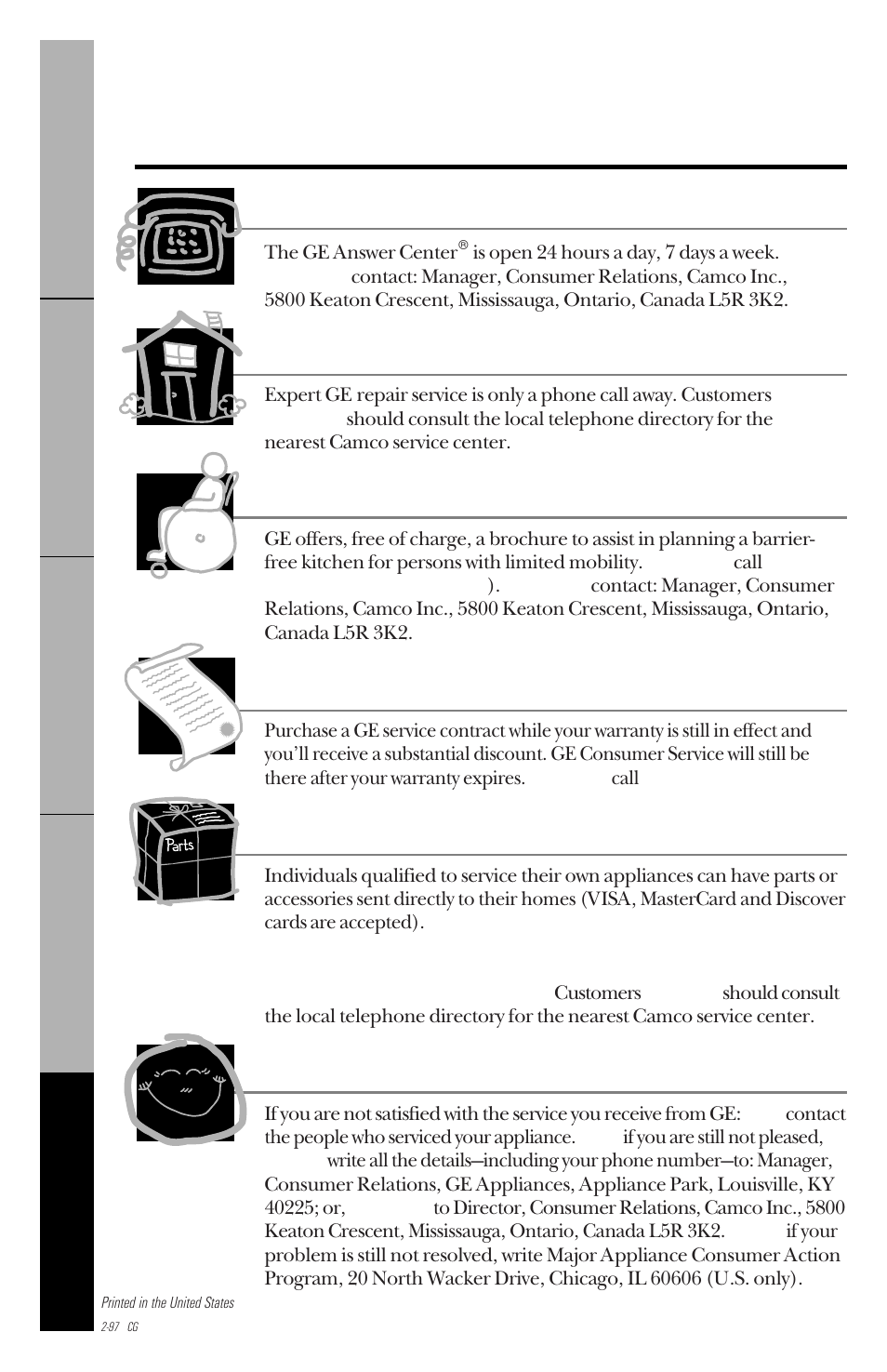 Service telephone numbers, Ge answer center, In-home repair service | Special needs service, Service contracts, Parts and accessories, Service satisfaction | GE 162D3941P005 User Manual | Page 112 / 112