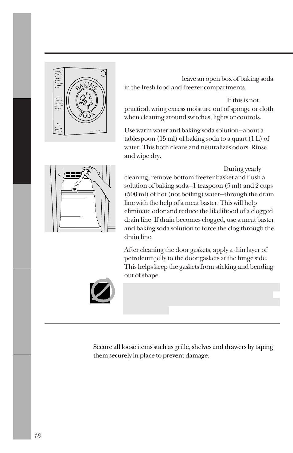 Care and cleaning of the refrigerator | GE 162D3941P005 User Manual | Page 16 / 112