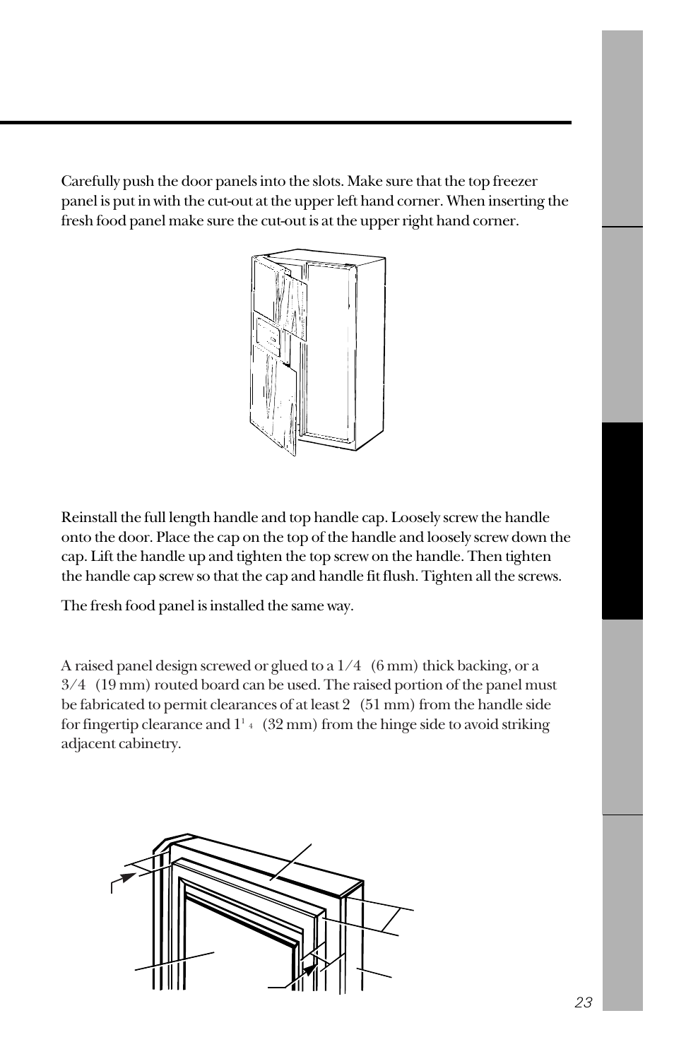 Insert the panels, Replace the door handle and trim, 3/4 ″ (19 mm) or raised panel | GE 162D3941P005 User Manual | Page 23 / 112