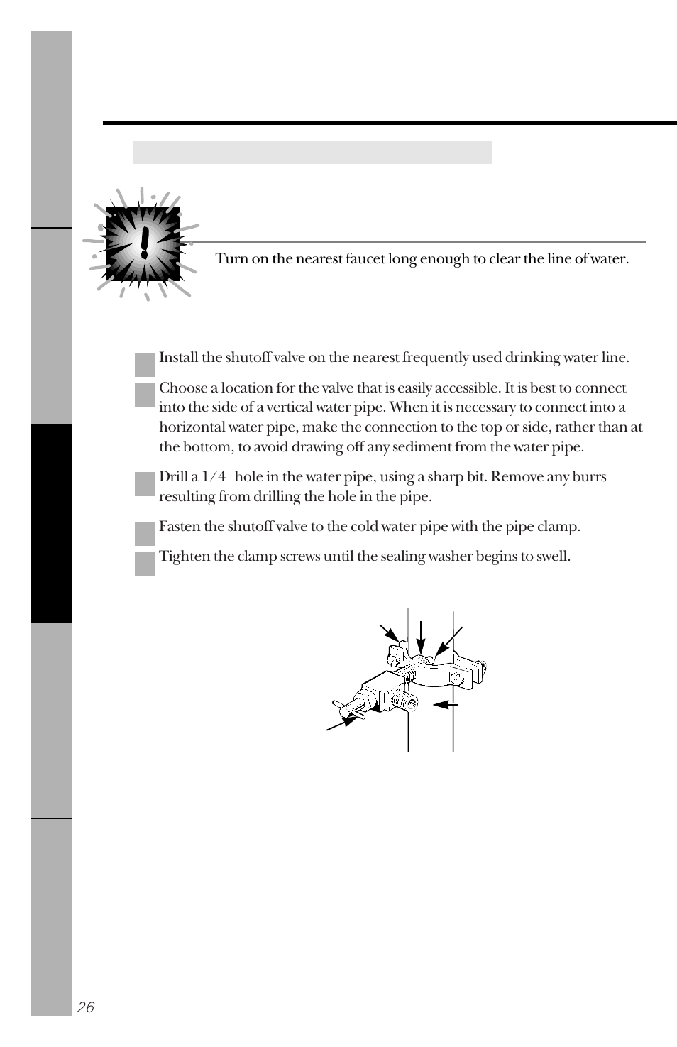 Installing the water line, Shut off the main water supply | GE 162D3941P005 User Manual | Page 26 / 112