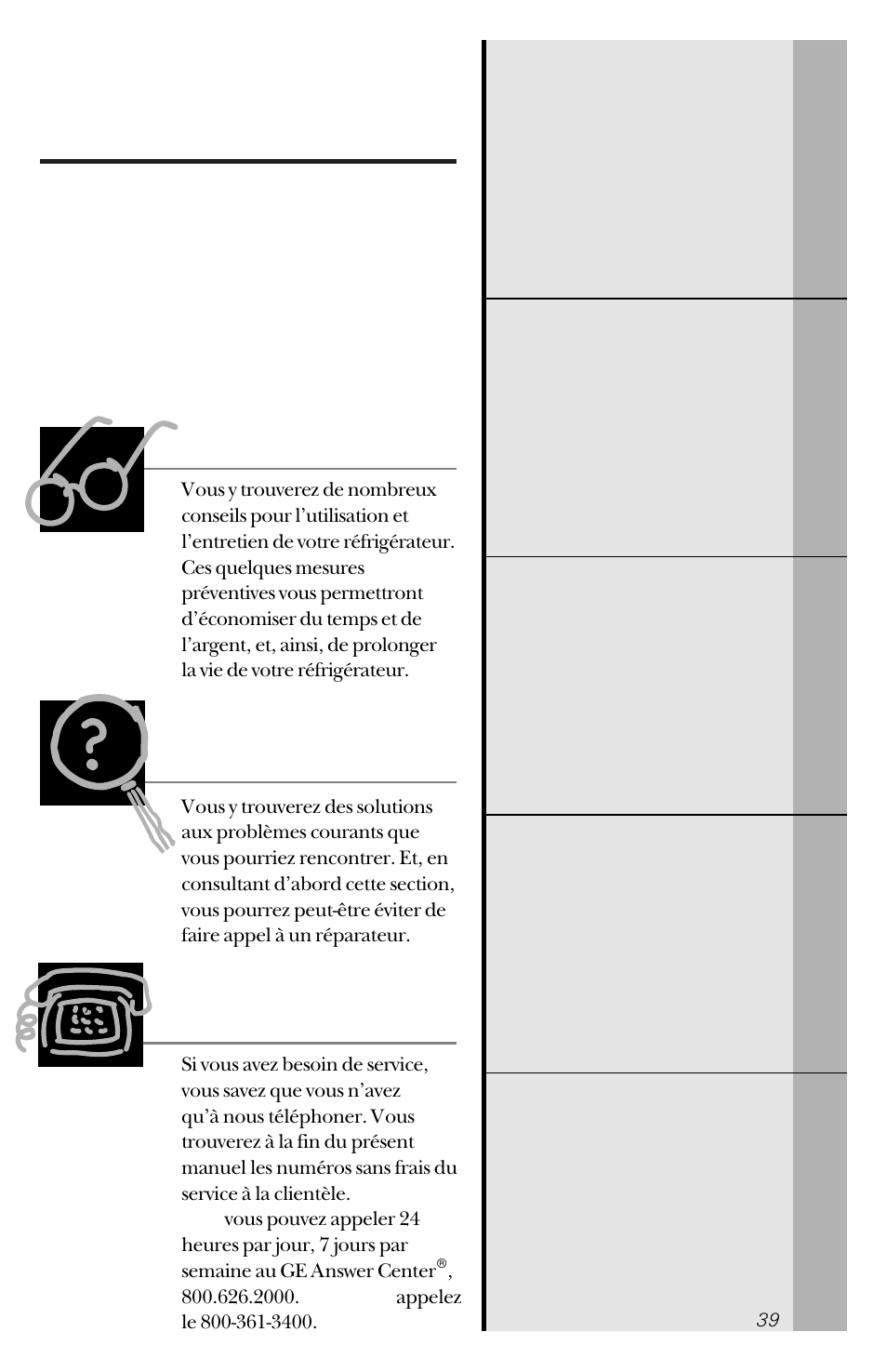 Ge et vous, un partenariat de service, Lisez votre manuel, Consultez les conseils de dépannage | Si vous avez besoin de service | GE 162D3941P005 User Manual | Page 39 / 112