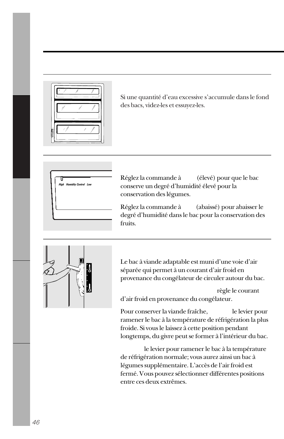 Les bacs de rangement, Bacs à humidité réglable, Bac à viande adaptable | GE 162D3941P005 User Manual | Page 46 / 112