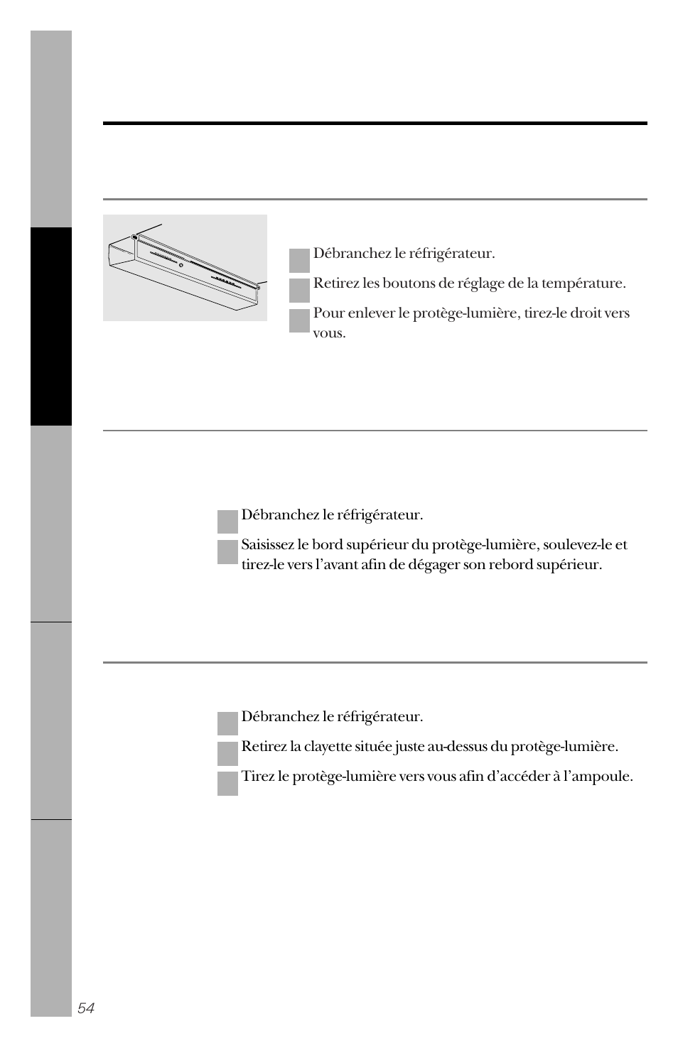 Remplacement des ampoules, Compartiment congélateur, Compartiment réfrigérateur—deux lampes inférieures | GE 162D3941P005 User Manual | Page 54 / 112