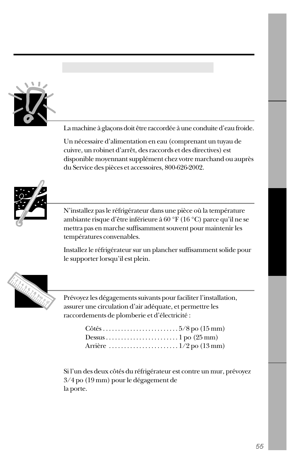 Préparation, Emplacement du réfrigérateur, Dégagements | Alimentation en eau de la machine à glaçons | GE 162D3941P005 User Manual | Page 55 / 112
