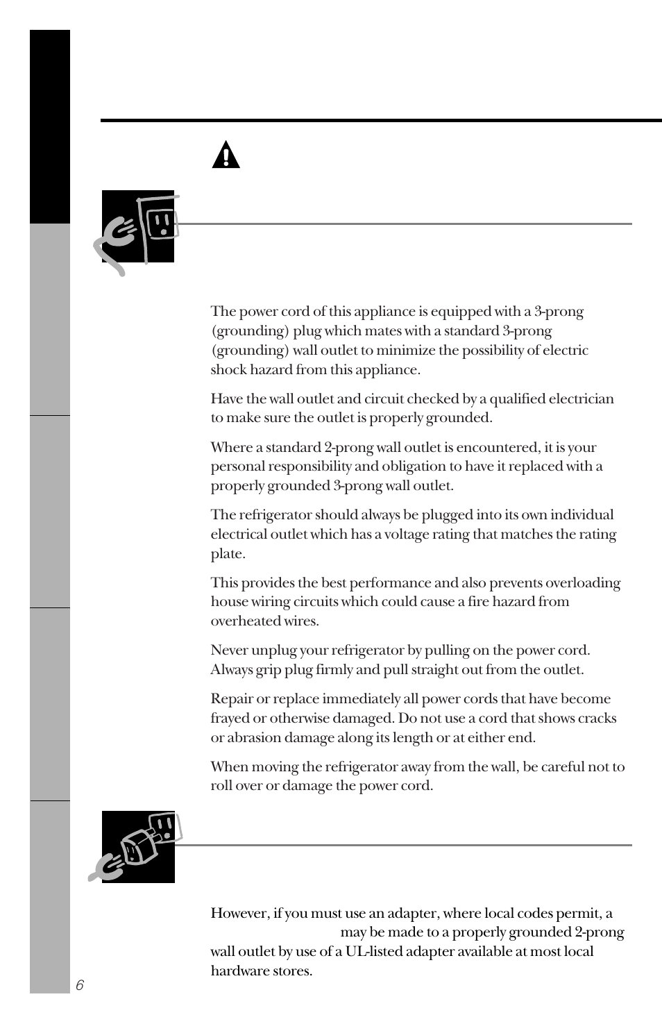 How to connect electricity, Use of adapter plugs, Warning | GE 162D3941P005 User Manual | Page 6 / 112