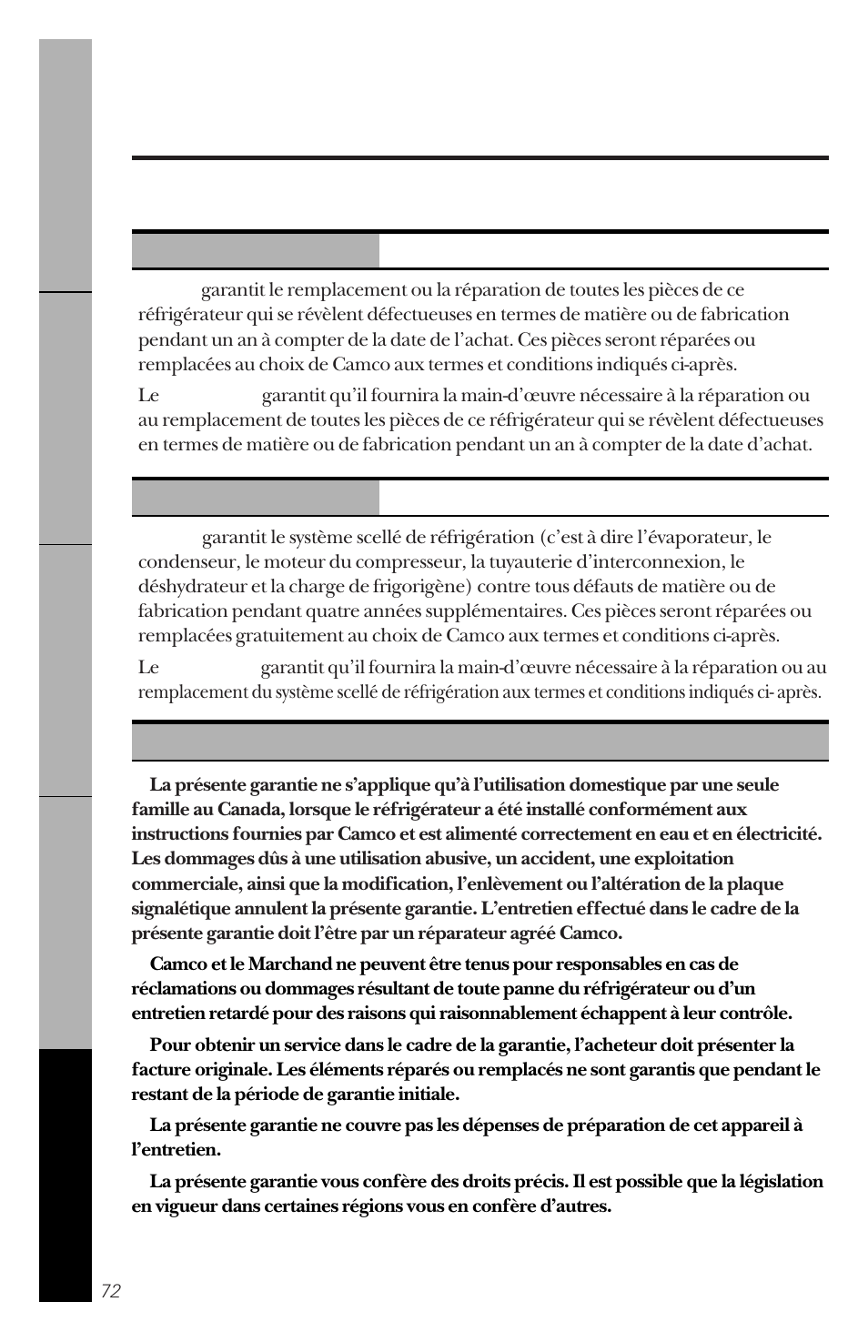 Garantie du client, Quatre années suivantes, Première année | Pour la clientèle au canada, Termes et conditions | GE 162D3941P005 User Manual | Page 72 / 112