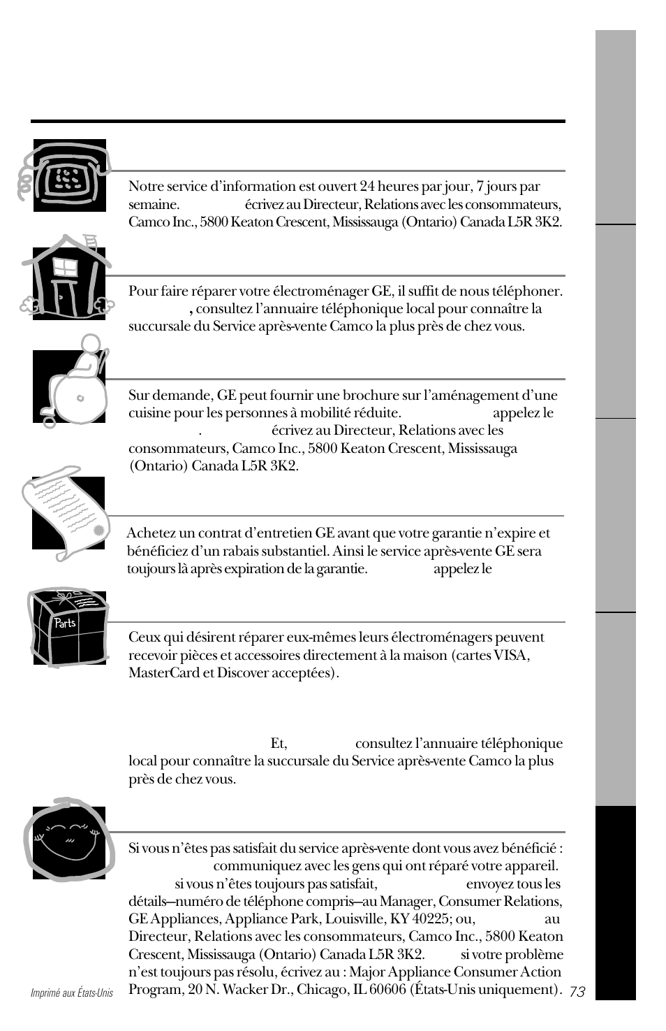 Numéros de service, Ge answer center, Réparations à domicile | Pour les besoins particuliers, Contrats d’entretien, Pièces et accessoires, Un service satisfaisant | GE 162D3941P005 User Manual | Page 73 / 112