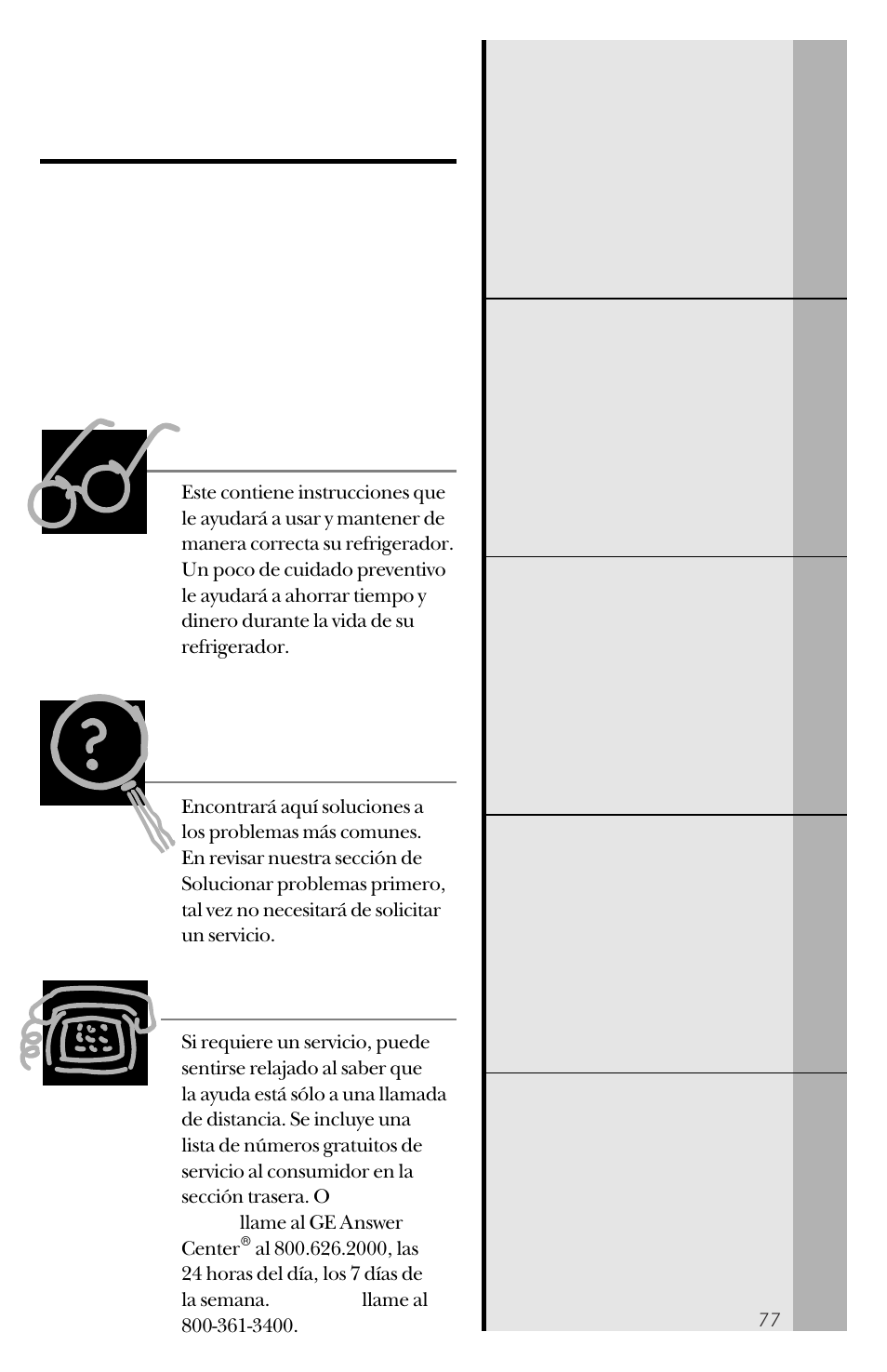 Ge y usted, una asociación de servicio, Lea este manual, Si necesita servicio | Revise la sección de solucionar problemas | GE 162D3941P005 User Manual | Page 77 / 112