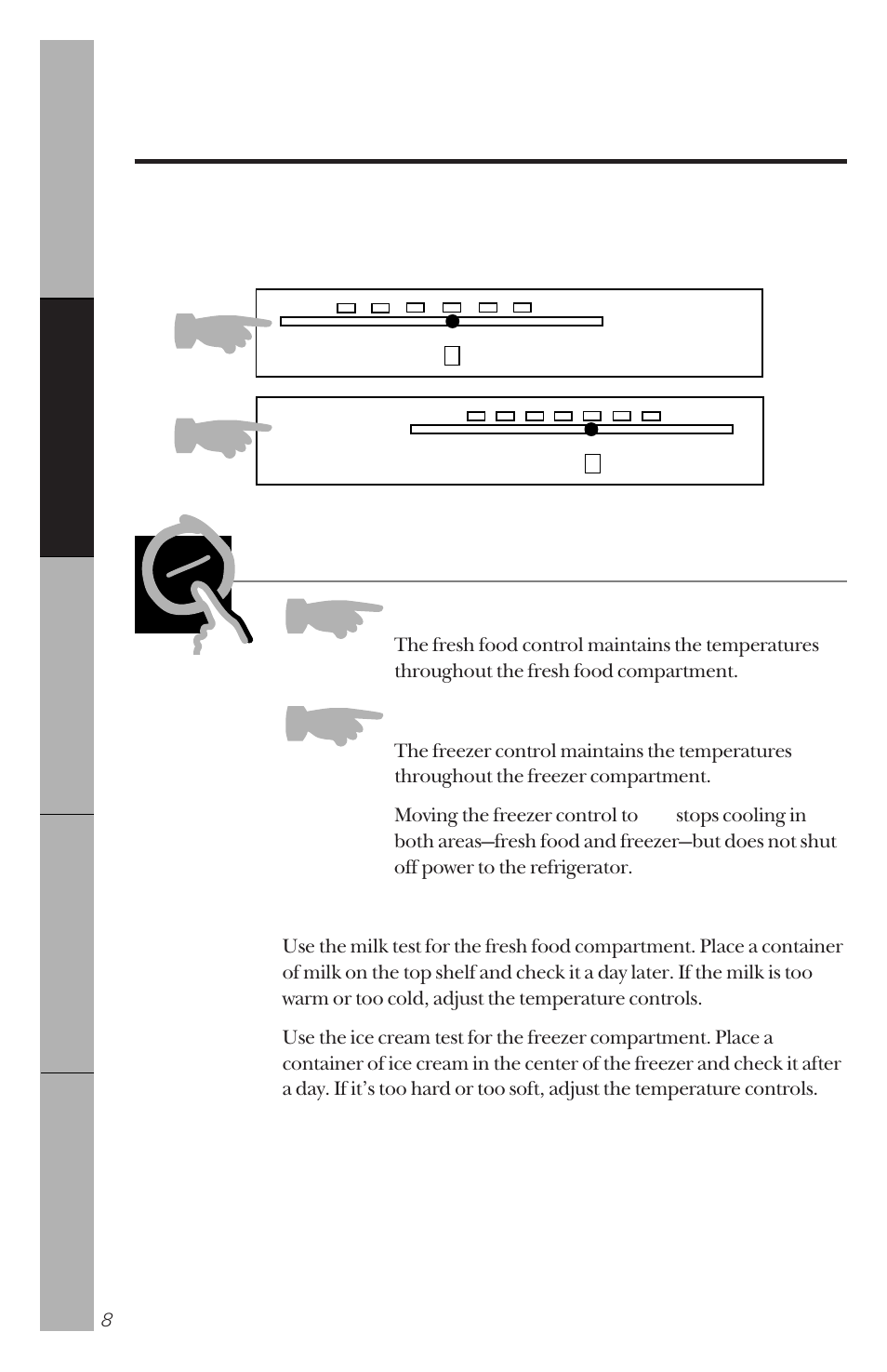 Controls, About the controls on the refrigerator, Control settings | GE 162D3941P005 User Manual | Page 8 / 112