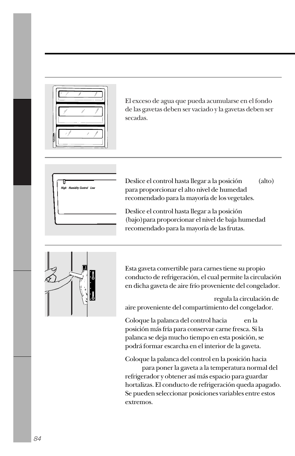 Gavetas para guardar y recipientes, Gavetas con humedad ajustable, Gaveta convertible para carnes | GE 162D3941P005 User Manual | Page 84 / 112