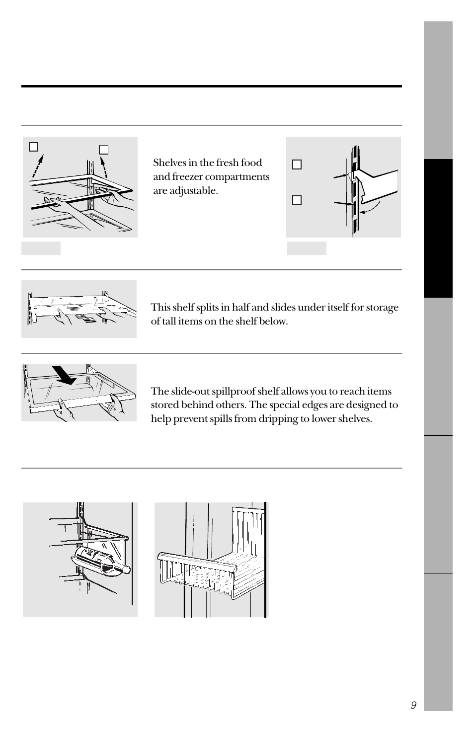Features, Features –11, About the refrigerator shelves, racks and baskets | GE 162D3941P005 User Manual | Page 9 / 112