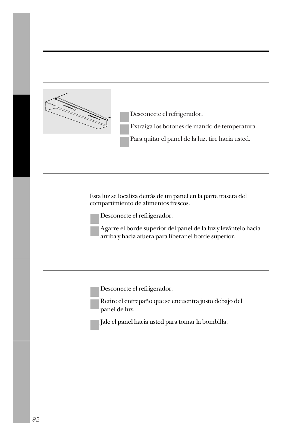 Reemplazar las bombillas, Congelador, Compartimiento de alimentos frescos—luz inferior | GE 162D3941P005 User Manual | Page 92 / 112