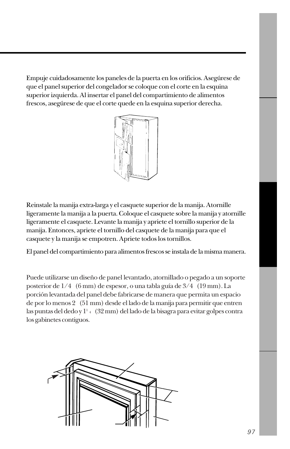 Inserte los paneles, Panel de 3/4 ″ (19 mm) o panel levantado | GE 162D3941P005 User Manual | Page 97 / 112