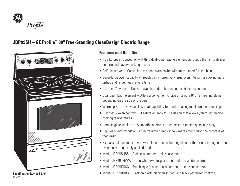 Jbp99sh, Jbp99sh – ge profile, 30" free-standing cleandesign electric range | GE Profile JBP99SH User Manual | Page 2 / 2