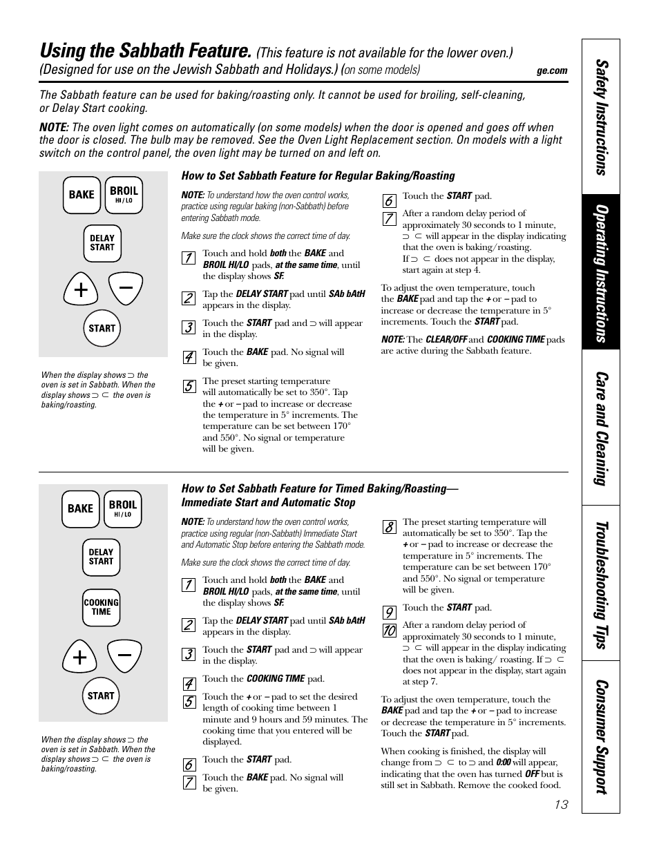 Sabbath feature, Sabbath feature , 14, Using the sabbath feature | GE JRP28 User Manual | Page 13 / 28