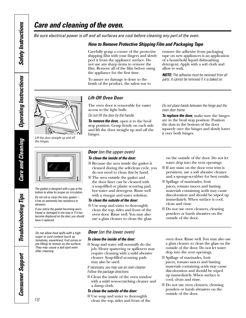 Care and cleaning, Door, Lift-off oven door | Care and cleaning of the oven | GE JRP28 User Manual | Page 18 / 28