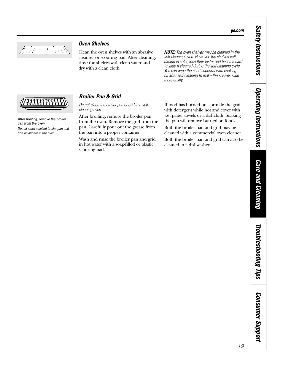 Broiler pan and grid, Shelves | GE JRP28 User Manual | Page 19 / 28